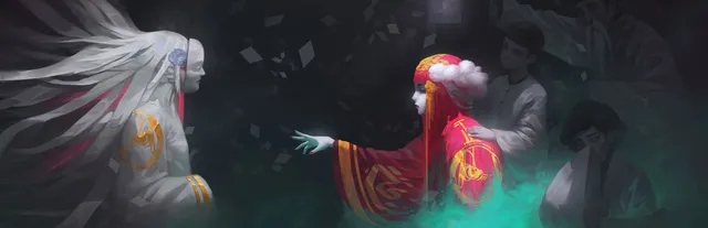 Paper Bride key art: a pale white-haired ghost reaching toward a bride in a red wedding veil