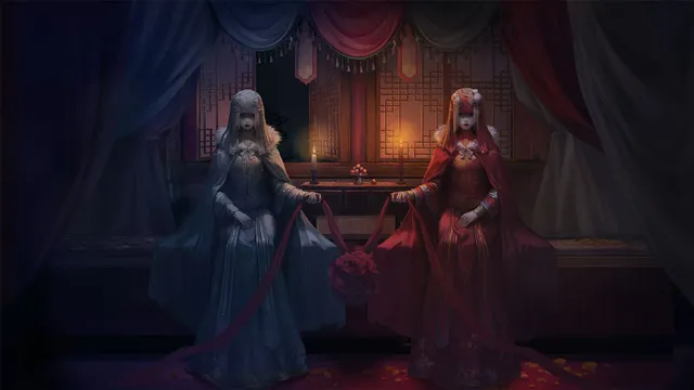 Paper Bride screenshot: two veiled brides, one in red and one in blue, seated before a candlelit altar