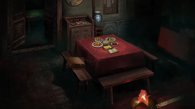 Paper Bride screenshot: a wedding feast laid out on a red tablecloth in a gloomy room, a small fire burning on the floor