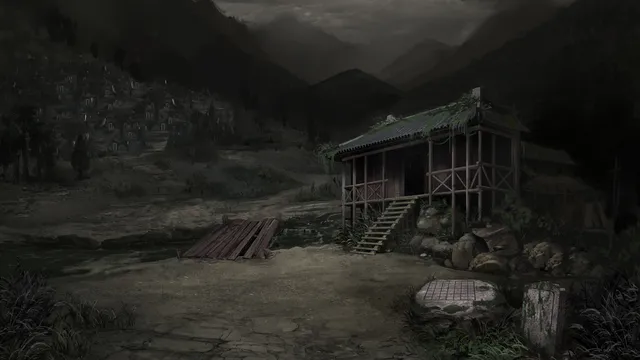 Paper Bride screenshot: an abandoned wooden hut on stilts below grey mountains