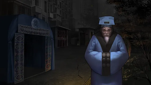 Paper Bride screenshot: an old priest in blue robes beside a funeral tent in a dark village street