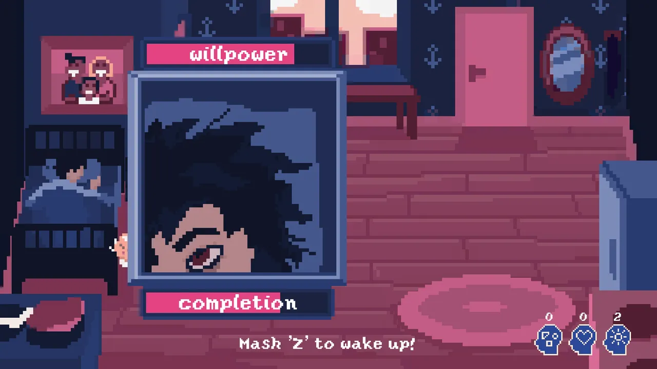Paper Cages screenshot: a pixel-art bedroom with a figure in bed, a close-up of a tired face between willpower and completion bars, and the prompt Mash Z to wake up
