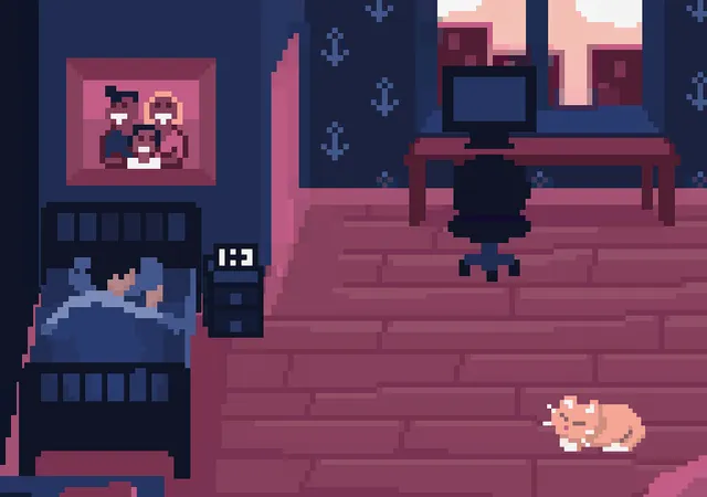 Paper Cages cover: a pink and navy pixel-art bedroom with a sleeping figure, a family photo, a desk and computer, and a cat on the floor