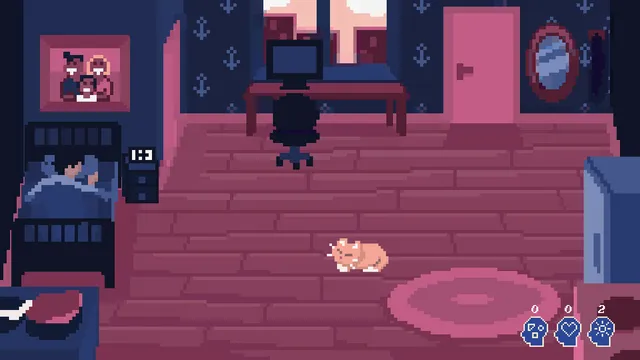 Paper Cages screenshot: the bedroom seen wider, with a door, a mirror, a rug and three small meters in the corner
