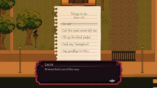Paper Lily screenshot: Lacie's handwritten list titled Things to do before I die, over a pixel-art street