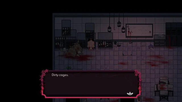 Paper Lily screenshot: a dim room of dirty cages with blood pooled on the floor