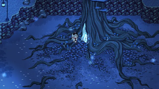 Paper Lily screenshot: Lacie stands at the roots of a huge dark tree in a blue-lit forest