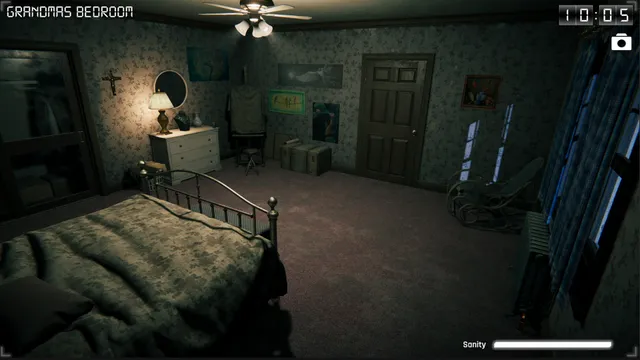 Para Eyes screenshot: the camera feed of Grandma's bedroom, with an iron bed and a crucifix on the wall