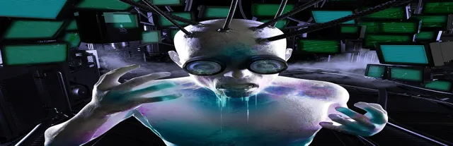 Para Eyes key art: a pale, bald figure with goggles and cables plugged into its head reaches out in front of a wall of glowing green monitors