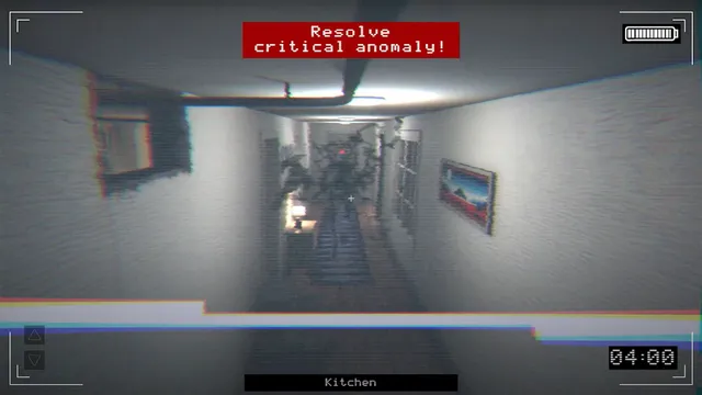 Paragnosia camera view of a distorted hallway with a red warning to resolve a critical anomaly