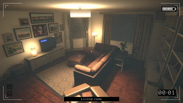 Paragnosia camera view of the living room, with a battery icon, a timer and the room name on screen