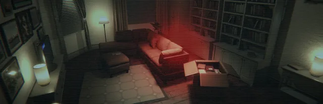 Paragnosia: a dim living room with a sofa, lamps and bookshelves lit by a red glow