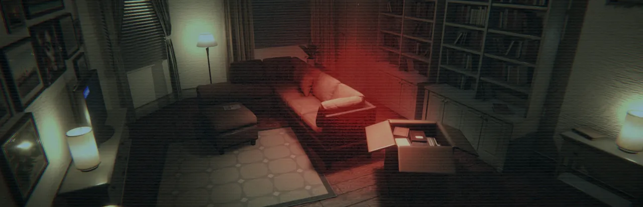 Paragnosia: a dim living room with a sofa, lamps and bookshelves lit by a red glow