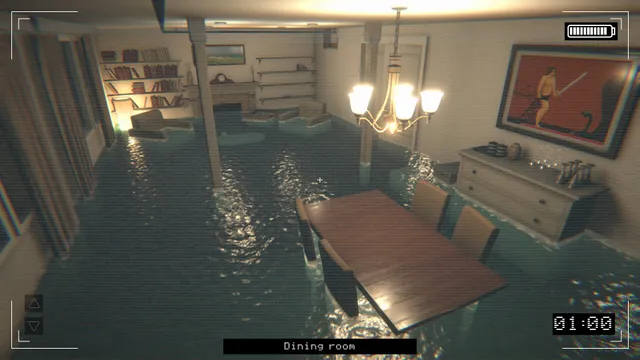 Paragnosia camera view of a dining room flooded with water up to the table