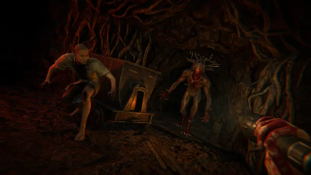 A player running through a root-covered tunnel with the demonic creature close behind