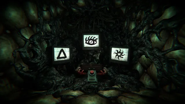 A puzzle in a fleshy wall: three screens showing a triangle, an eye and a sun-like symbol above a button