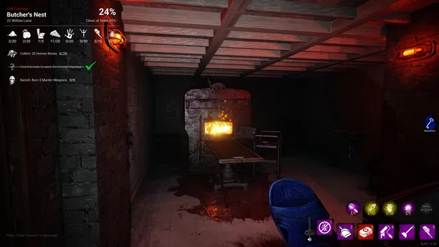 A blood-stained basement with a glowing furnace at the end of a dark brick passage