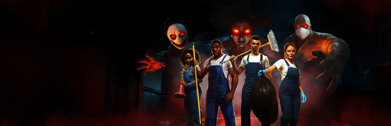 Paranormal Cleanup art: four cleaners in overalls holding a broom, mop and trash bag, with masked, red-eyed monsters looming behind them