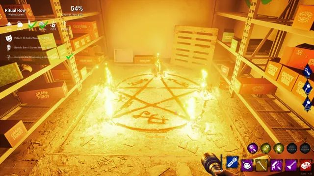A burning pentagram with flames at its points on the floor of a storage room