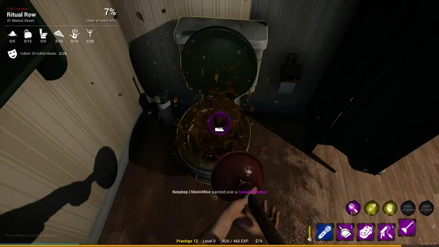 First-person view plunging a filthy, clogged toilet in a dark bathroom