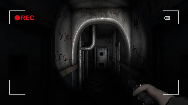 Paranormal Entities screenshot: a pale figure stands at the end of a dim asylum corridor beside an old wheelchair