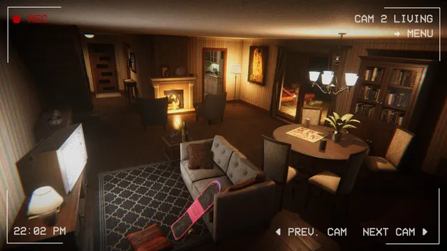 Camera 2 showing a 1980s living room with a fireplace, sofa and dining table, timestamped 22:02
