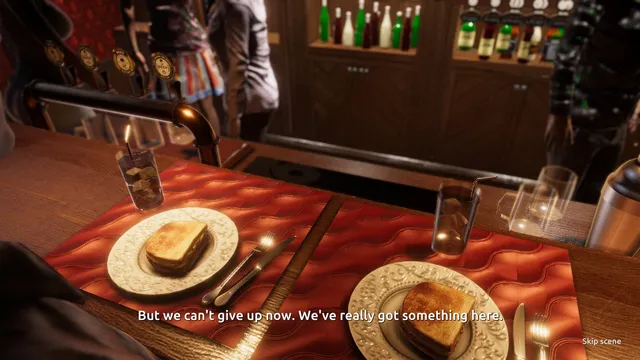 A story scene at a bar table with toasted sandwiches, subtitled 'But we can't give up now. We've really got something here.'