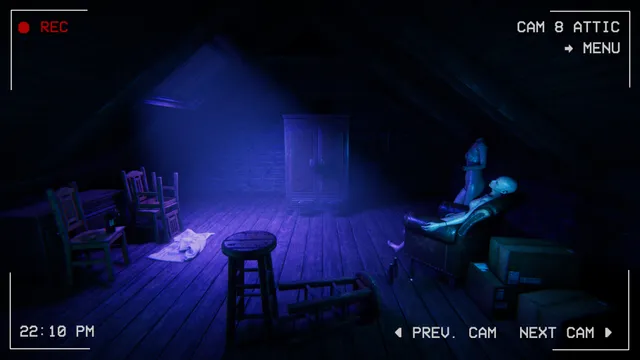 Camera 8 showing the attic in purple light, with a figure seated in an armchair
