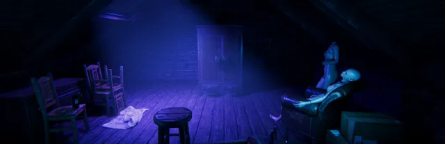 Paranormal Night Shift art: a dark attic in purple light, with chairs, a stool and a pale figure in an armchair