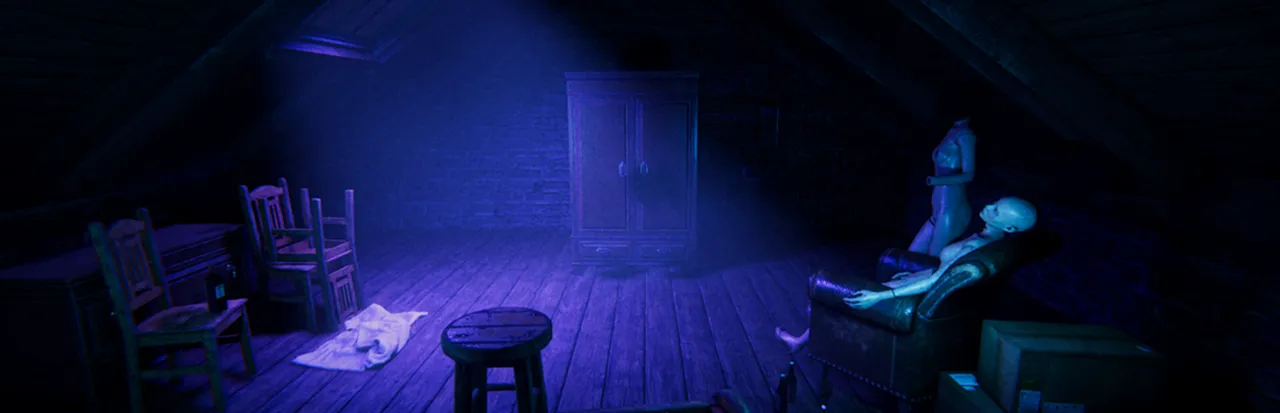 Paranormal Night Shift art: a dark attic in purple light, with chairs, a stool and a pale figure in an armchair