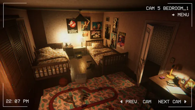 Camera 5 showing a children's bedroom with twin beds, film posters and a toy race track on the rug