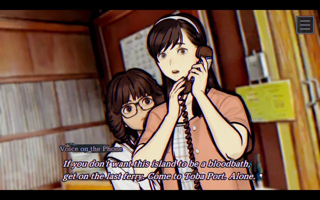 Two women at an old phone booth, one holding the receiver as a voice warns that the island will become a bloodbath unless she takes the last ferry alone