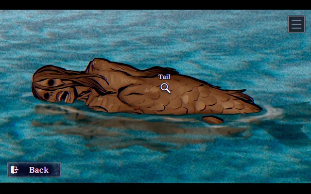A creature with a woman's face and a scaly fish body floating in blue water, marked with an investigation icon on its tail