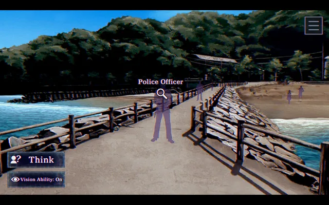 A seaside pier with a police officer marked for investigation and buttons to think and toggle vision ability