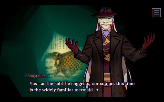 The masked Storyteller in a hat and long coat introducing the mermaid as the subject of this tale