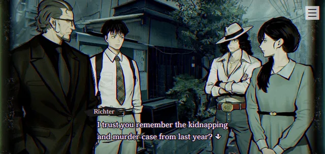 PARANORMASIGHT screenshot: four characters, including detectives, gather in a quiet Tokyo alley as one asks about last year's kidnapping and murder case