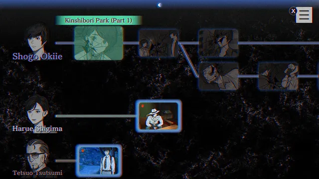 PARANORMASIGHT screenshot: the story chart linking scenes for Shogo Okiie, Harue Shigima and Tetsuo Tsutsumi