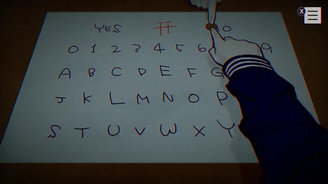 PARANORMASIGHT screenshot: a finger on a coin moves across a hand-drawn spirit board of letters and numbers