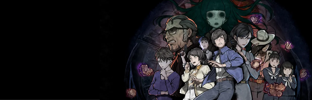 PARANORMASIGHT key art: the cast of cursed characters crowded under a pale-faced ghost with long dark hair