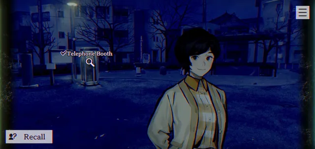 PARANORMASIGHT screenshot: Yoko stands in a dark park at night beside a marked telephone booth to examine