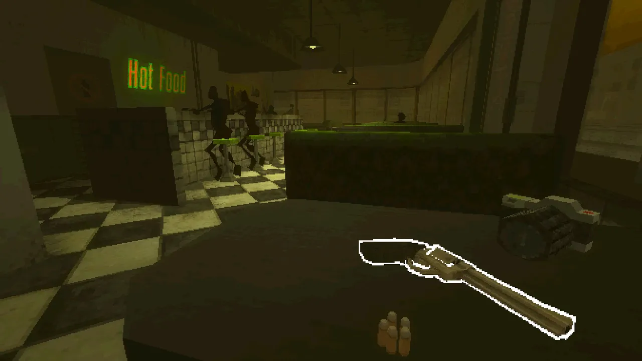 Paratopic: a dim diner in low-poly 3D with a Hot Food sign, checkered floor and a revolver with bullets on the counter