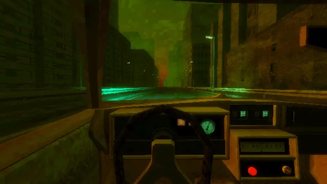 Driving a car at dusk through an empty city street, seen from the driver's seat