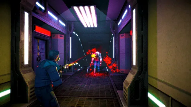 Pathogen-X screenshot: firing down a strip-lit corridor at a bloodied mutant