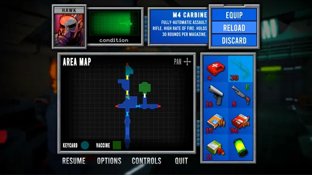 Pathogen-X screenshot: the inventory screen with Hawk's condition, an M4 carbine, the area map and ammunition