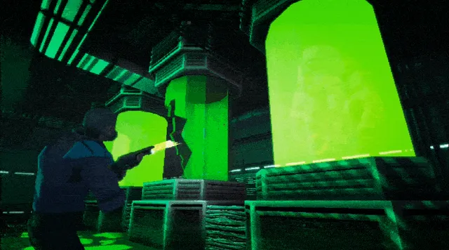 Pathogen-X screenshot: the agent passing glowing green specimen tanks in the lab