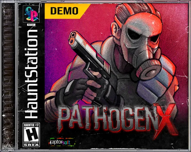 Pathogen-X demo disc cover: a gas-masked agent with a pistol under a red Pathogen-X logo