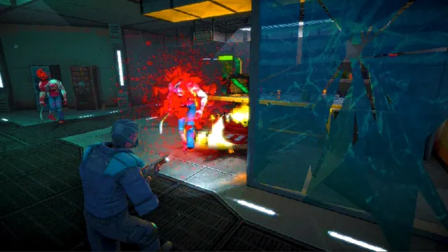 Pathogen-X screenshot: the agent shooting mutants in a lab room as blood sprays
