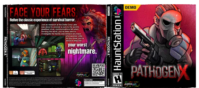 Pathogen-X box art spread: the back with screenshots and the words Face your fears, and the front with a gas-masked agent holding a pistol