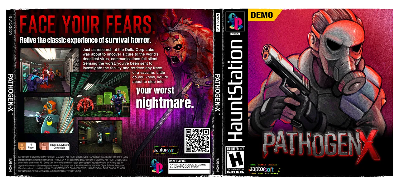 Pathogen-X box art spread: the back with screenshots and the words Face your fears, and the front with a gas-masked agent holding a pistol
