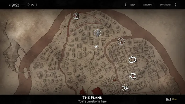 Pathologic 2 screenshot: the parchment map of the town at 09:53 on Day 1, with the Flank district marked You're unwelcome here